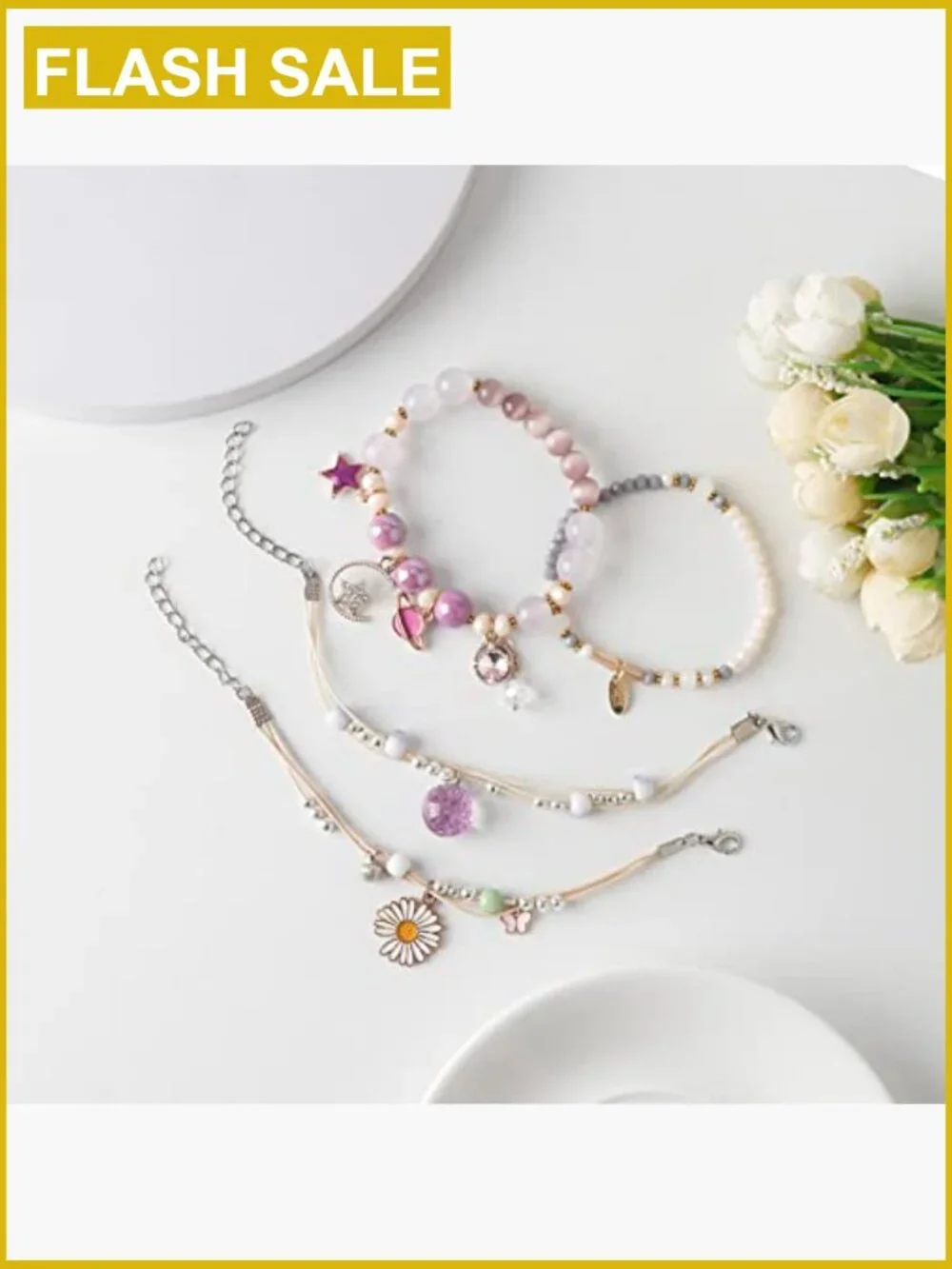 4 Adjustable Beaded Charm Bracelets Teen Girls Dainty Stretch Jewelry Set